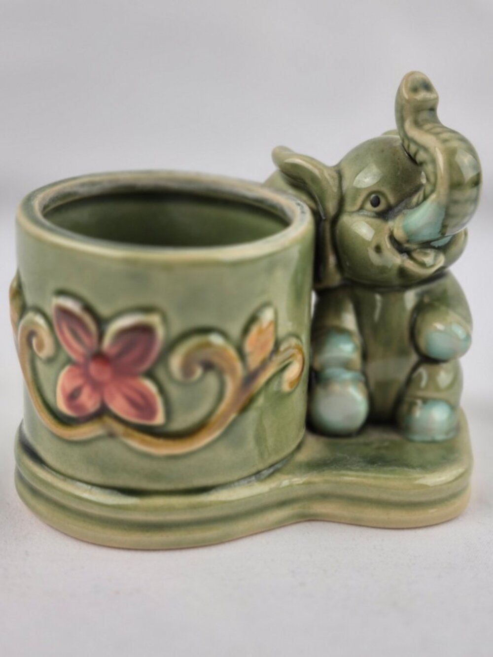 Vintage Majolica Style Elephant Pottery Planter Trunk Up Green Glazed Floral
